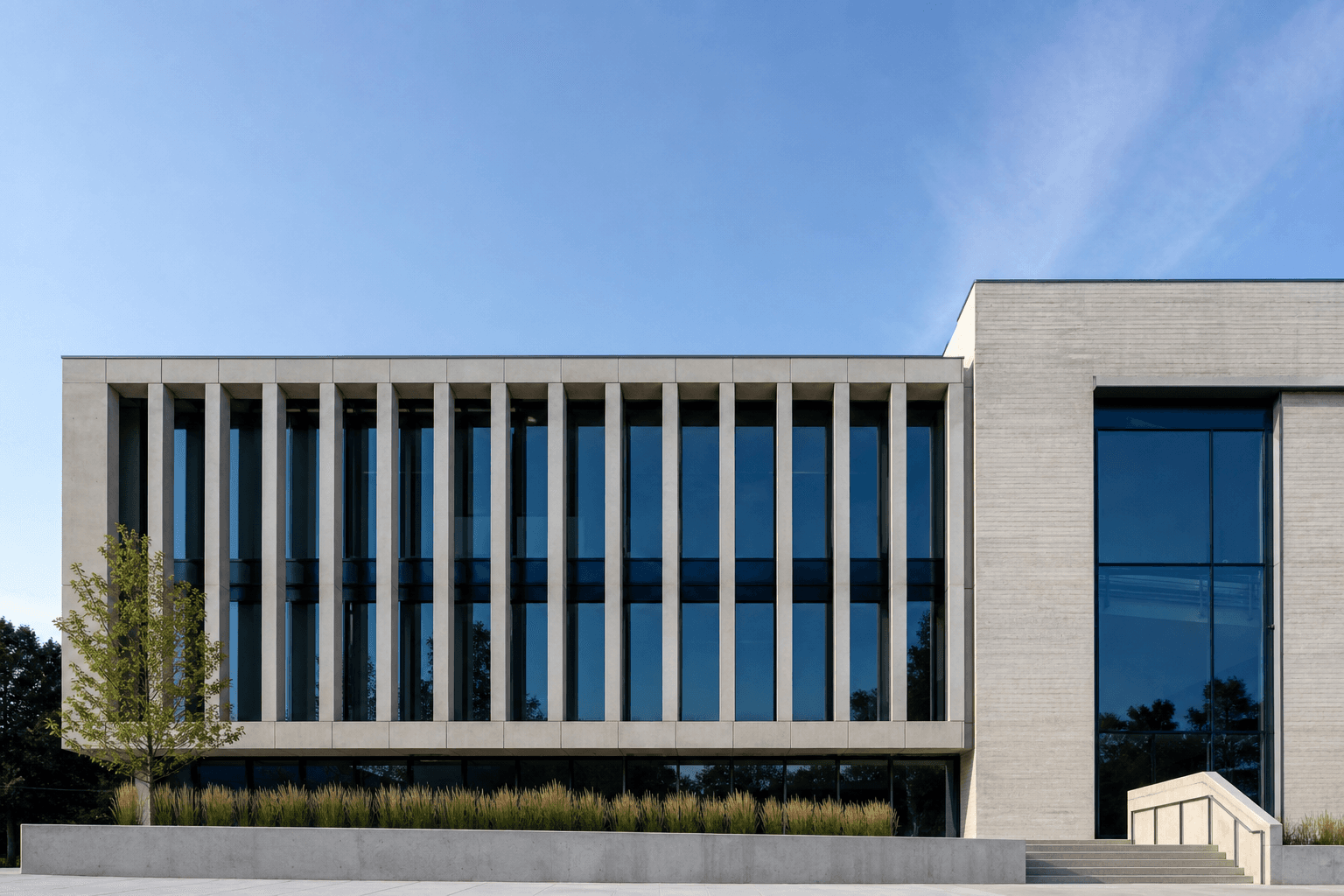 Fachada contemporânea com ritmo estrutural de concreto e planos de vidro azul.
