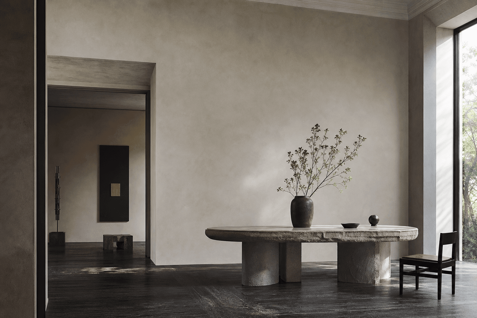 Interior contemporâneo com mesa de pedra, madeira escura e luz natural, em composição editorial.